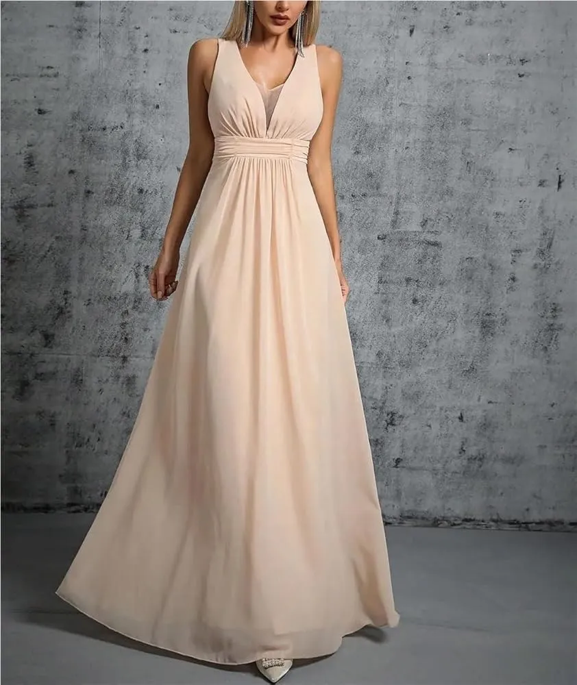 Women's Back Tie Bow Chiffon Long Dress Pleated Evening Gown Party Ball Dress Formal Wedding Guest Attire