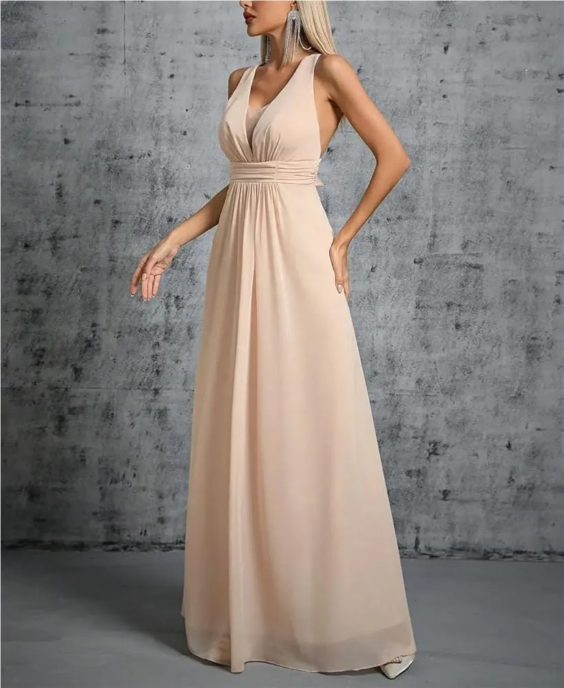 Women's Back Tie Bow Chiffon Long Dress Pleated Evening Gown Party Ball Dress Formal Wedding Guest Attire