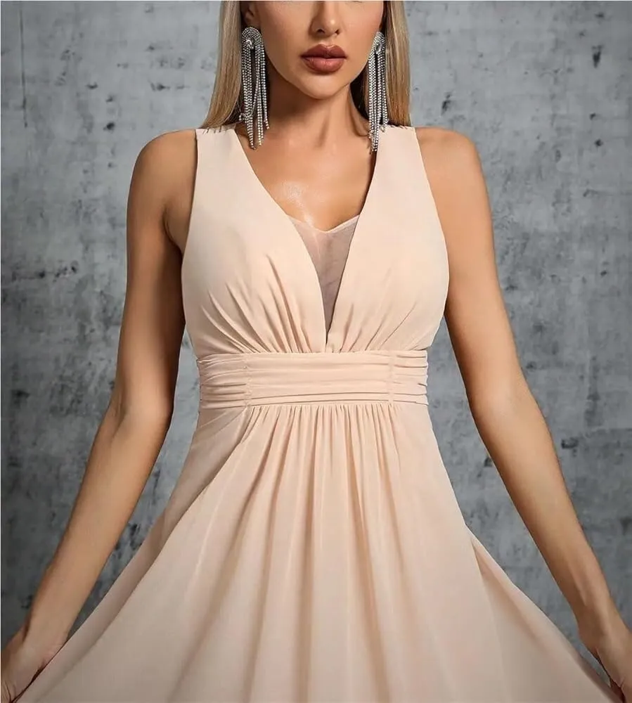 Women's Back Tie Bow Chiffon Long Dress Pleated Evening Gown Party Ball Dress Formal Wedding Guest Attire