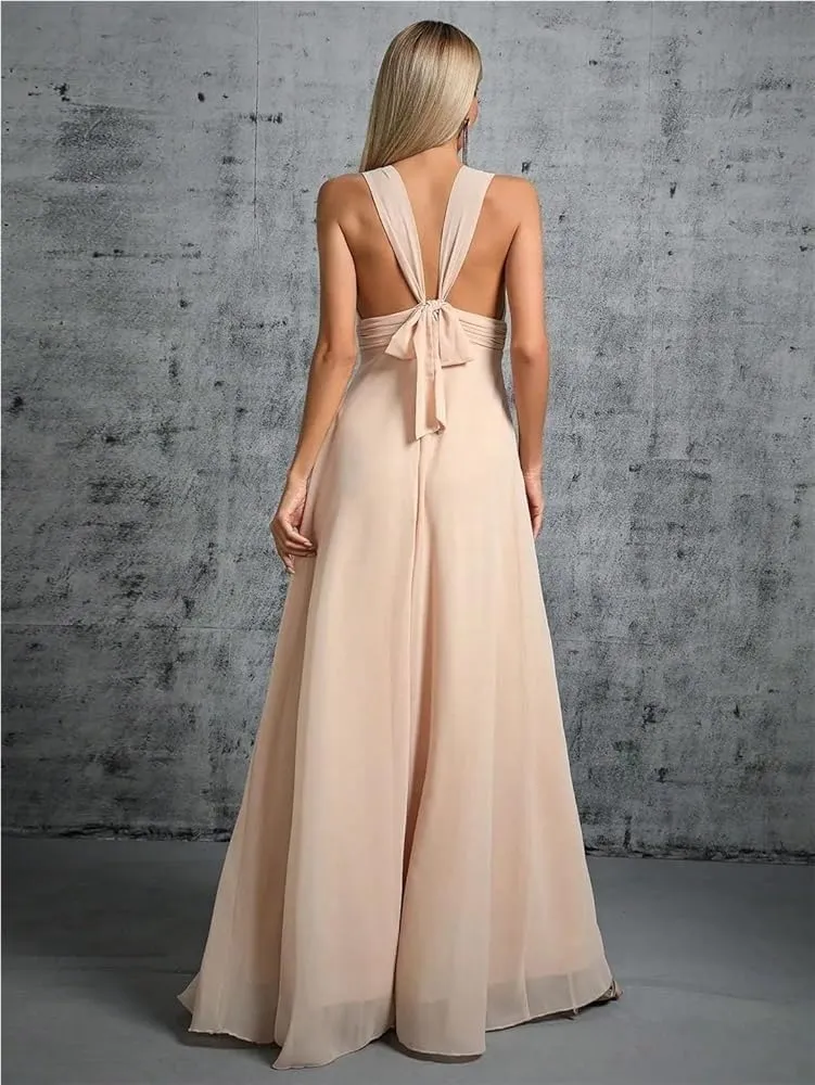 Women's Back Tie Bow Chiffon Long Dress Pleated Evening Gown Party Ball Dress Formal Wedding Guest Attire