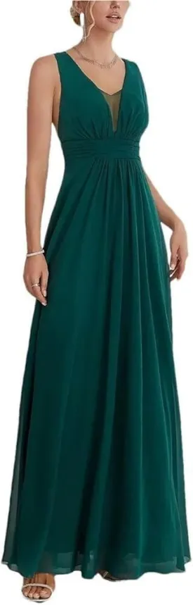 Women's Back Tie Bow Chiffon Long Dress Pleated Evening Gown Party Ball Dress Formal Wedding Guest Attire