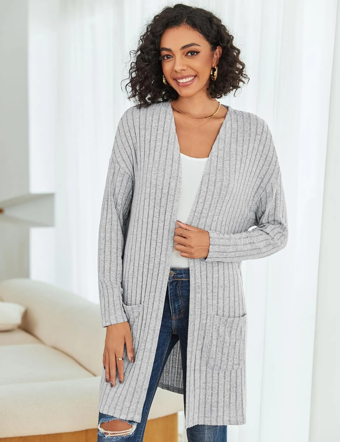 Womens Cardigan Sweater Lightweigh Long Sleeve Open Front Knit Oversized Cardigans with Pockets Trendy Spring Tops