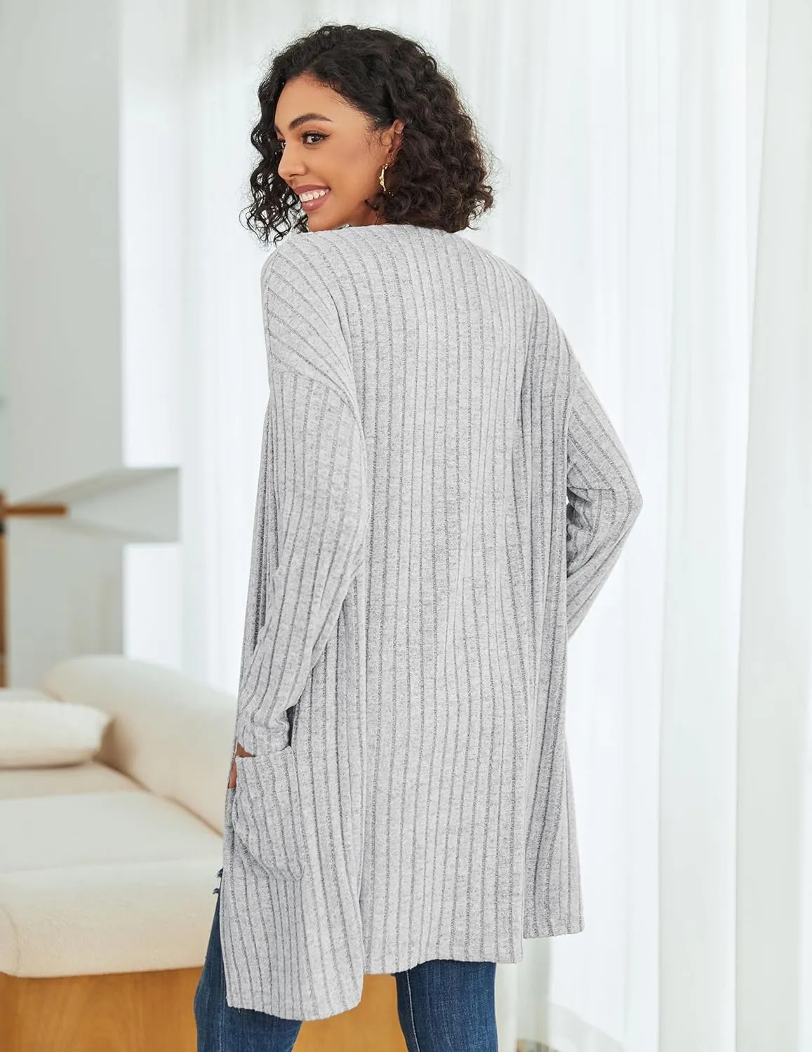 Womens Cardigan Sweater Lightweigh Long Sleeve Open Front Knit Oversized Cardigans with Pockets Trendy Spring Tops