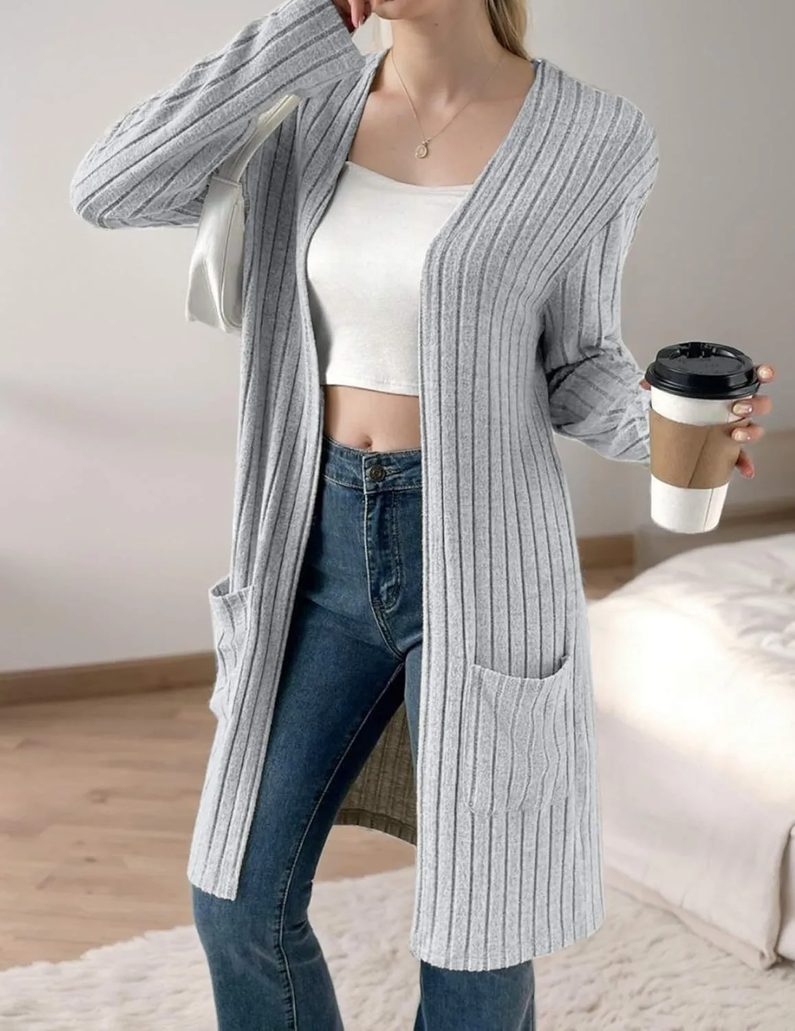 Womens Cardigan Sweater Lightweigh Long Sleeve Open Front Knit Oversized Cardigans with Pockets Trendy Spring Tops