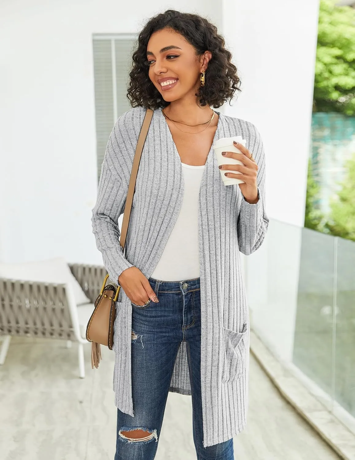 Womens Cardigan Sweater Lightweigh Long Sleeve Open Front Knit Oversized Cardigans with Pockets Trendy Spring Tops