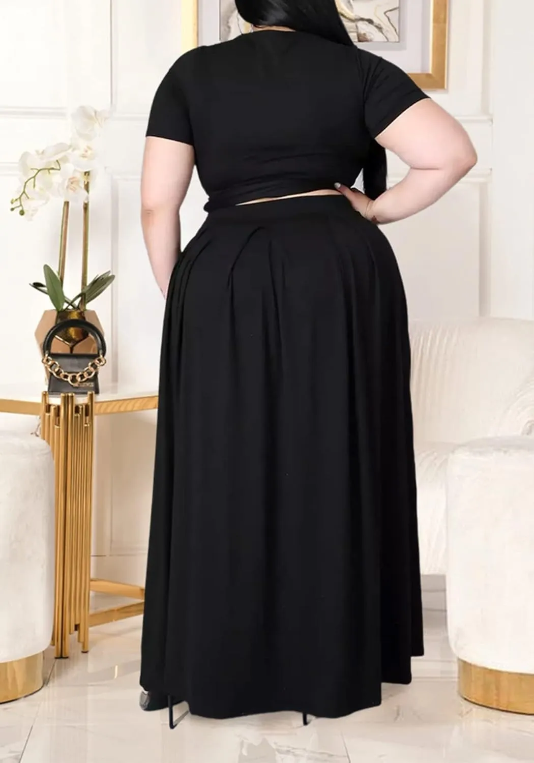 Womens Sexy Plus Size 2 Piece Dress Outfits Short Sleeve Bandage Wrap Empire Crop Tops and Skirt Sets