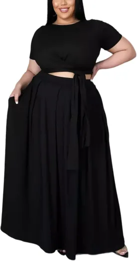 Womens Sexy Plus Size 2 Piece Dress Outfits Short Sleeve Bandage Wrap Empire Crop Tops and Skirt Sets