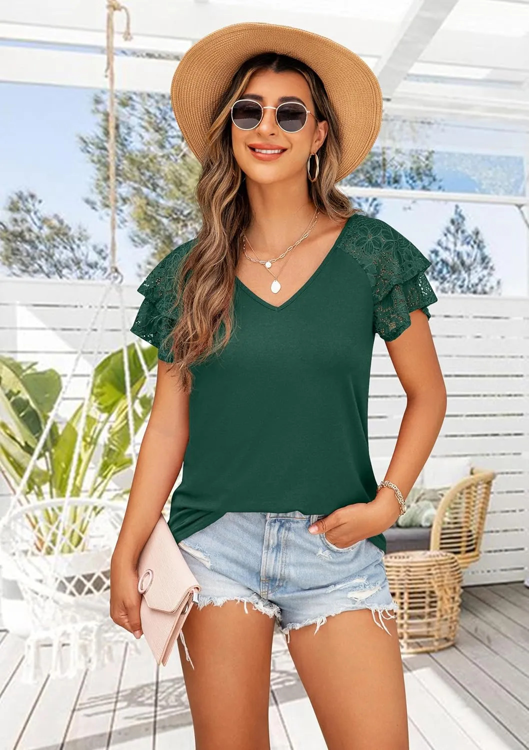 Womens Summer Tops Ruffle Sleeve with Lace Short Sleeve V Neck Shirts Casual Loose Fit T-shirts