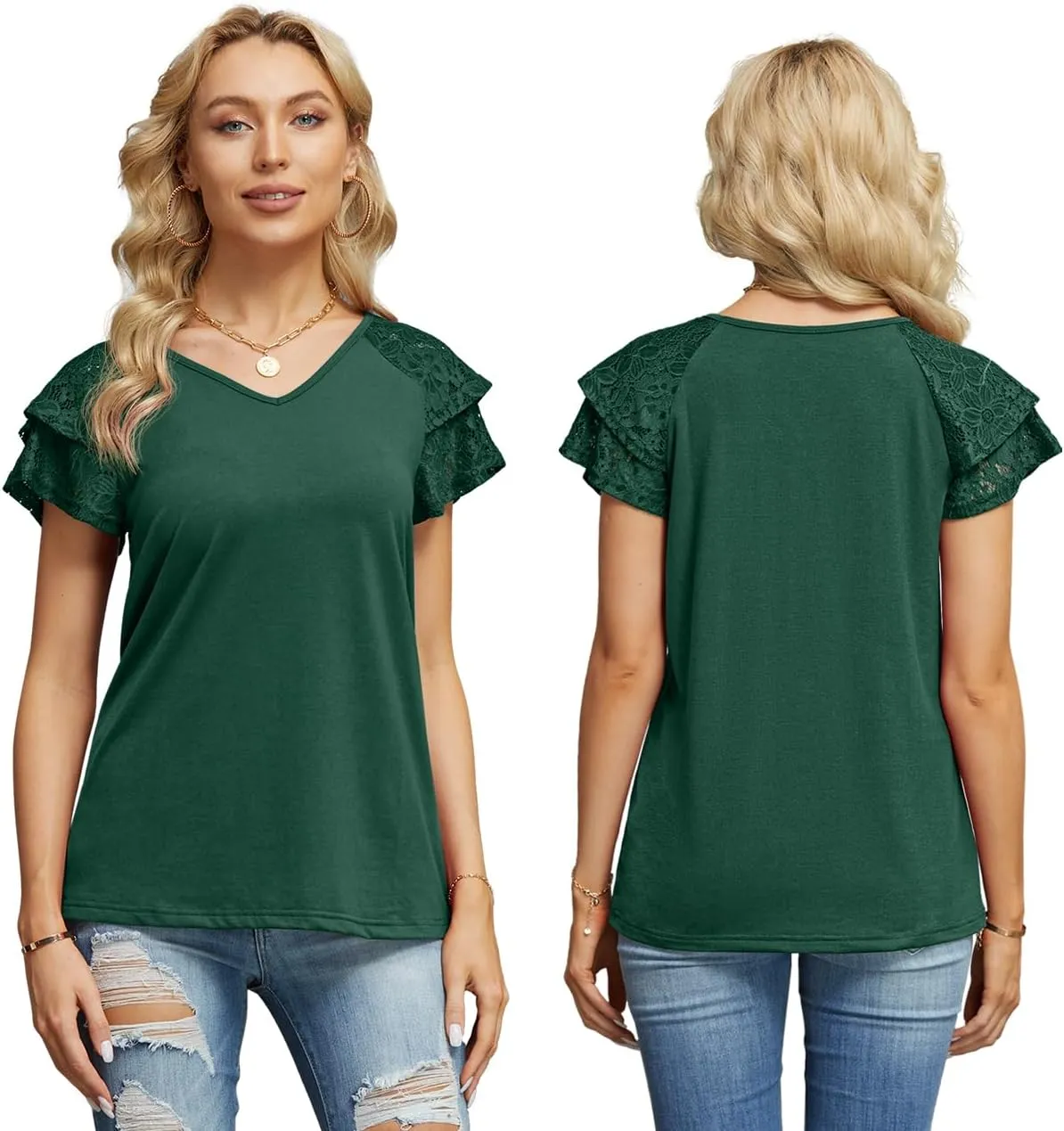 Womens Summer Tops Ruffle Sleeve with Lace Short Sleeve V Neck Shirts Casual Loose Fit T-shirts