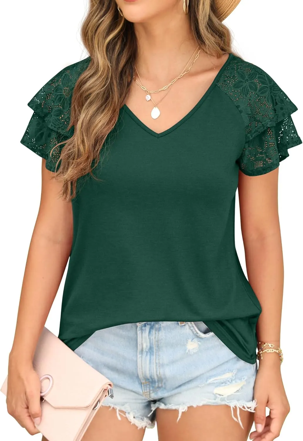 Womens Summer Tops Ruffle Sleeve with Lace Short Sleeve V Neck Shirts Casual Loose Fit T-shirts