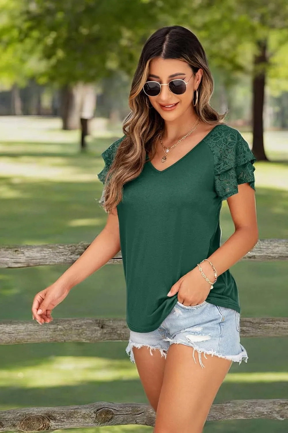 Womens Summer Tops Ruffle Sleeve with Lace Short Sleeve V Neck Shirts Casual Loose Fit T-shirts
