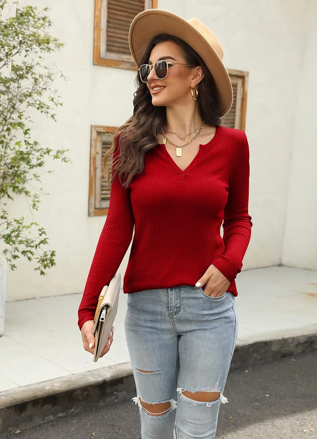 Women's V Neck Waffle Knit Henley Tops Casual Long Sleeve Pullover Sweater Blouses