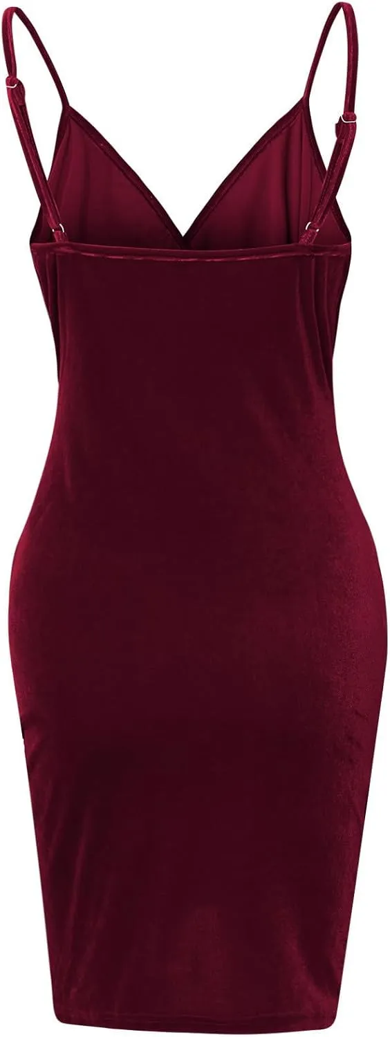XUNRYAN Women Velvet Dresses Sexy Bodycon Spaghetti Strap Short Mini Dress Evening Party Prom Ball Gown Disco Outfit Clubwear