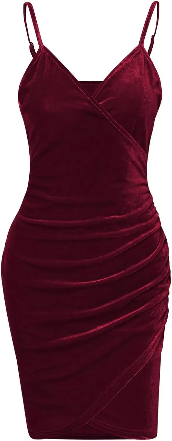 XUNRYAN Women Velvet Dresses Sexy Bodycon Spaghetti Strap Short Mini Dress Evening Party Prom Ball Gown Disco Outfit Clubwear