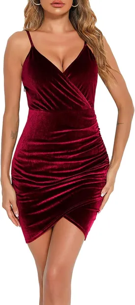XUNRYAN Women Velvet Dresses Sexy Bodycon Spaghetti Strap Short Mini Dress Evening Party Prom Ball Gown Disco Outfit Clubwear