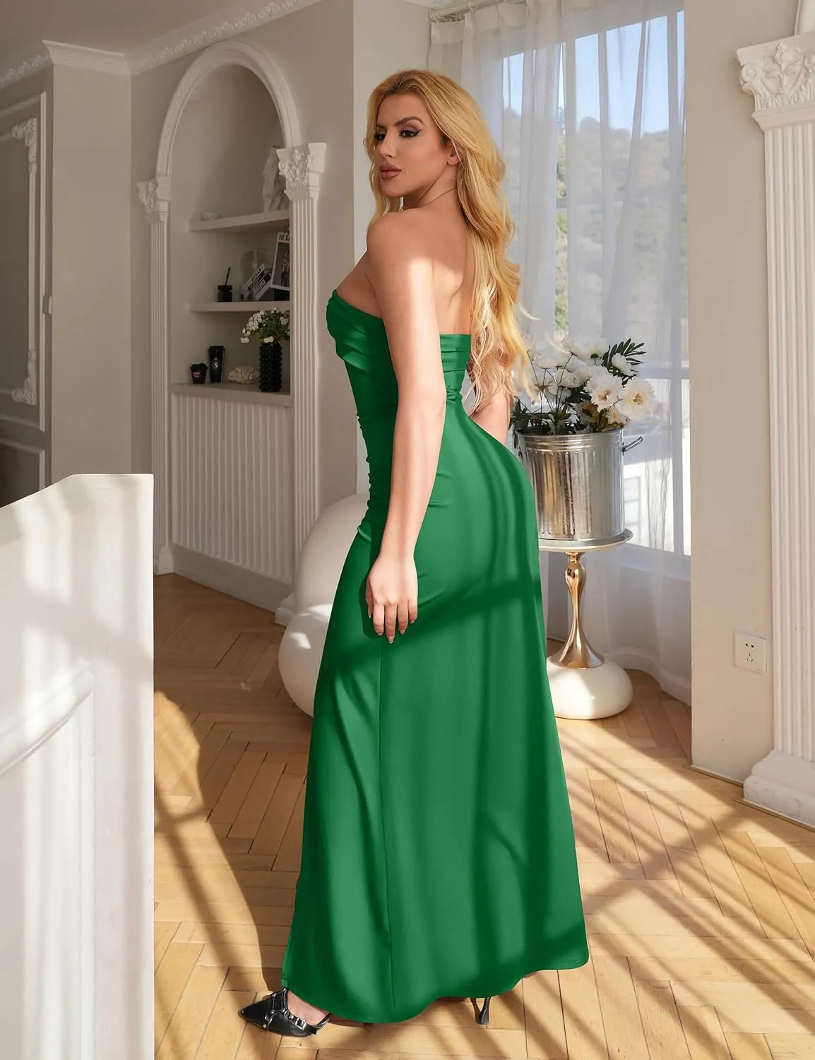 YMDUCH Women's Elegant Strapless Bodycon Ruched Ruffle High Split Long Formal Evening Dress
